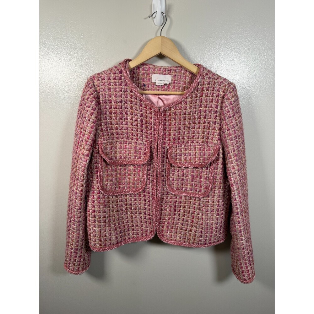 Anthropologie Tweed Blazer Jacket Size Large Pink Career Work Legally Blonde